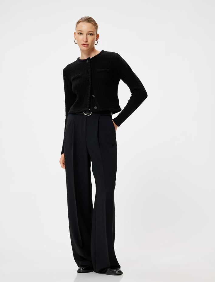  Triko Hırka Yuvarlak Yaka Düğmeli Cep Detaylı