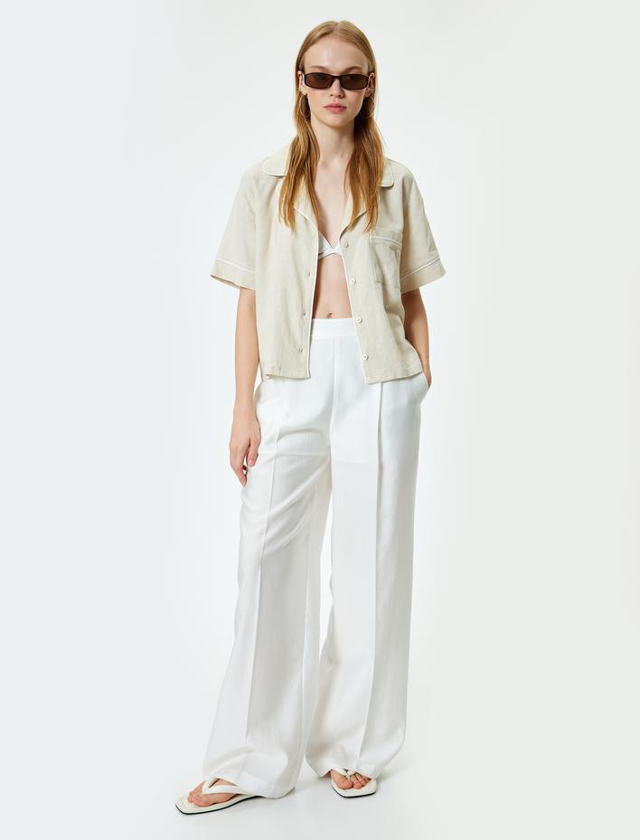  Keten Karışımlı Gömlek Kısa Kollu Cep Detaylı Devrik Yaka Düğmeli