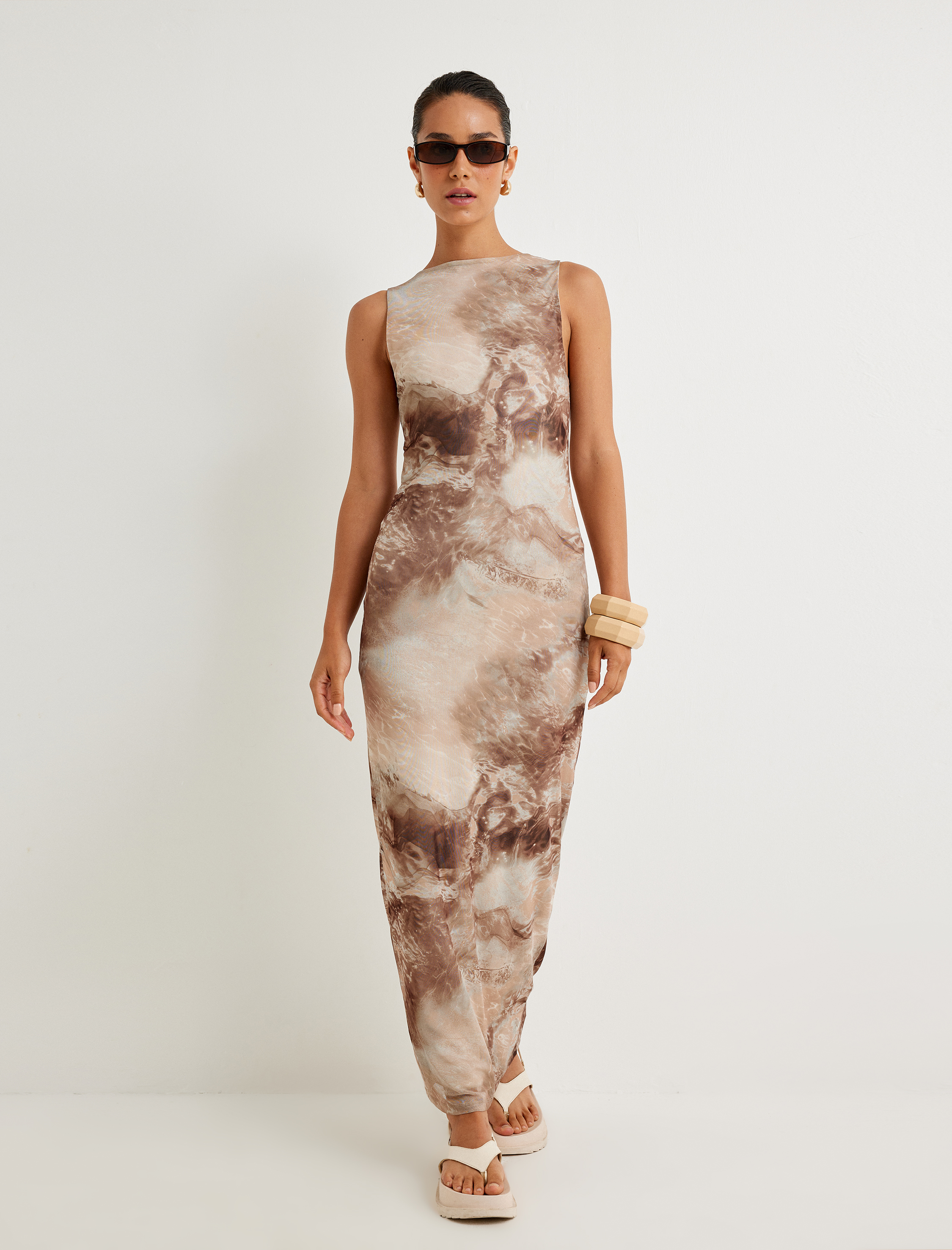   Koton X Sima Tarkan - Uzun Kalem Elbise Soyut Desenli Kolsuz Yuvarlak Yaka