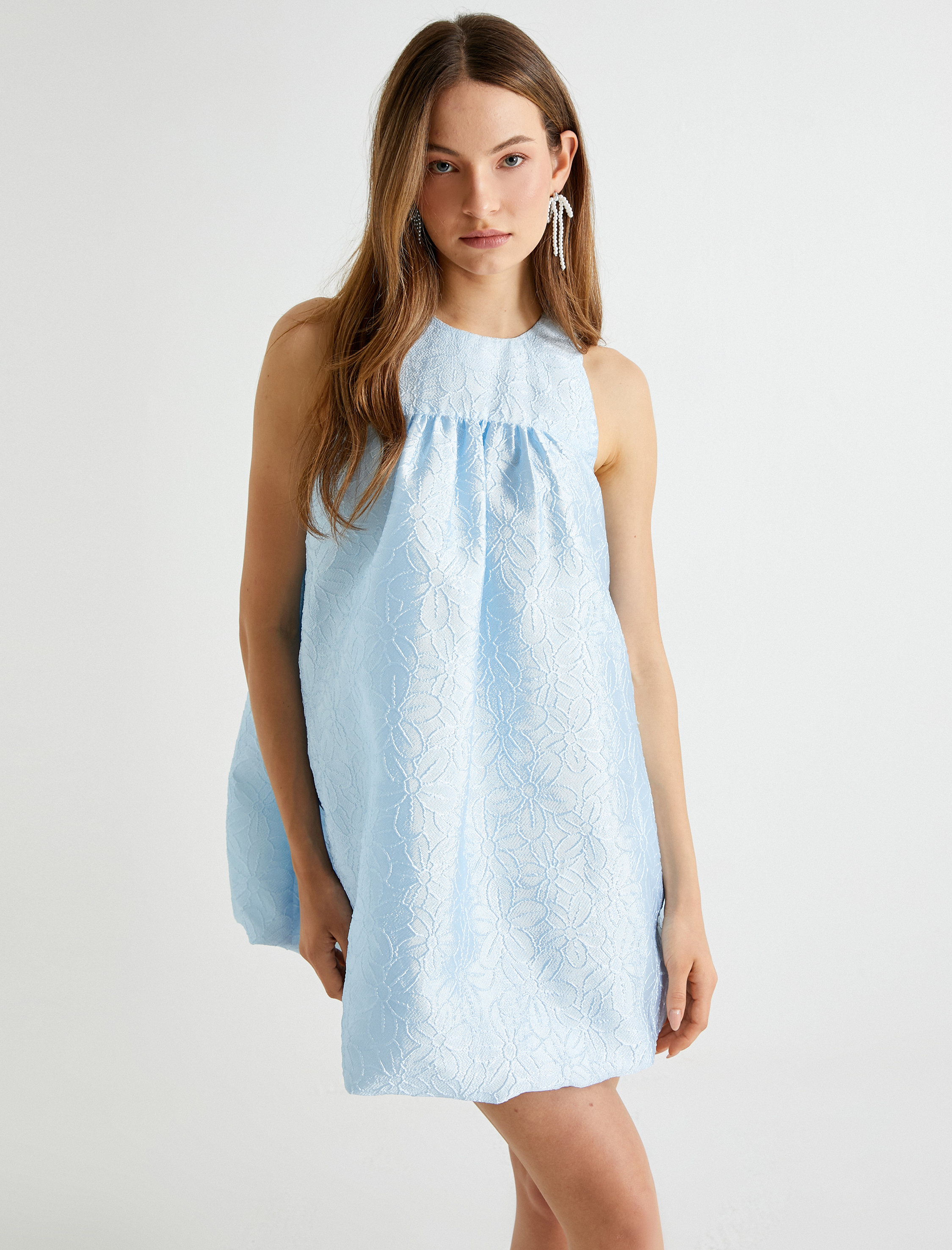   Çiçekli Mini Balon Elbise Kolsuz Farbalalı Yuvarlak Yaka