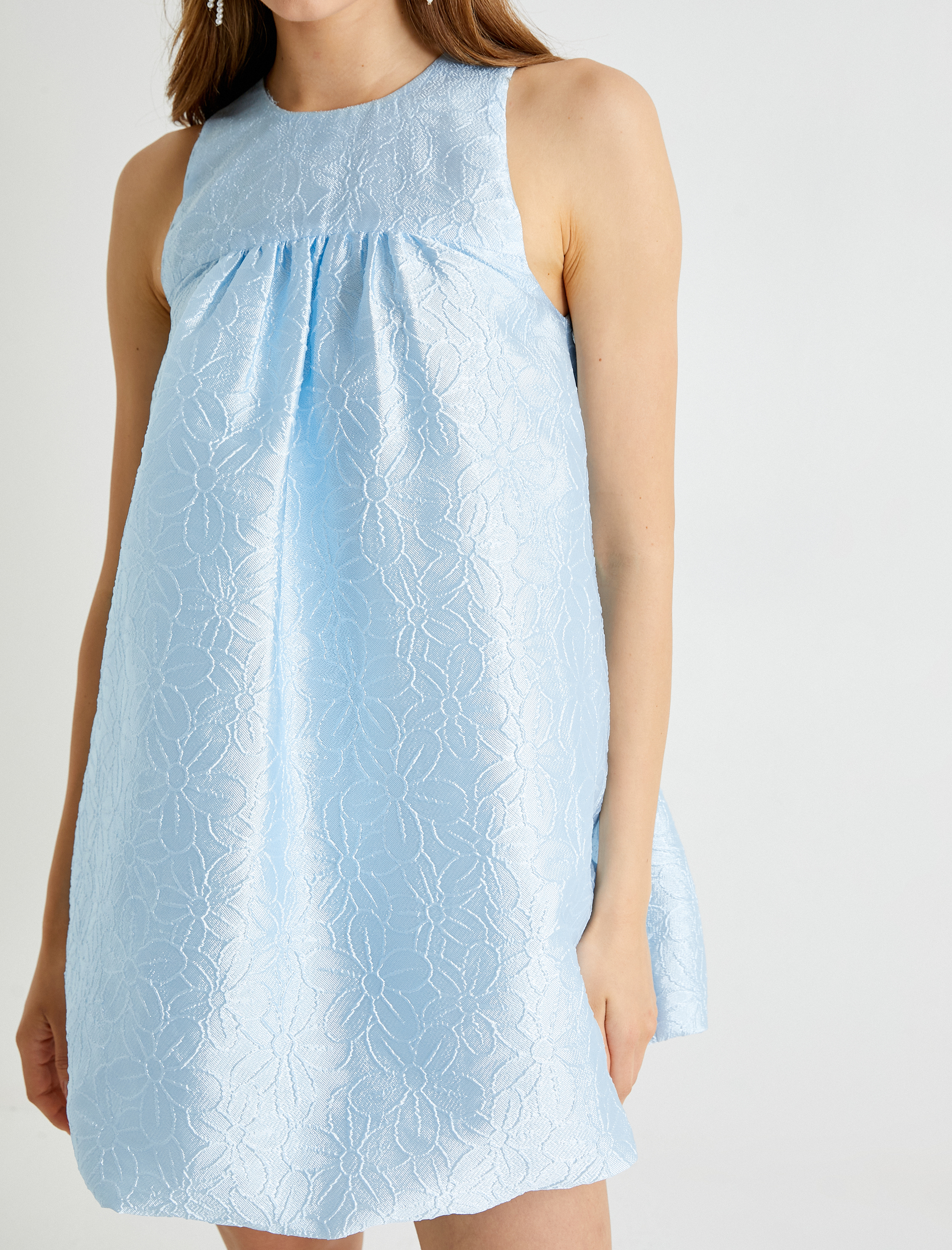   Çiçekli Mini Balon Elbise Kolsuz Farbalalı Yuvarlak Yaka