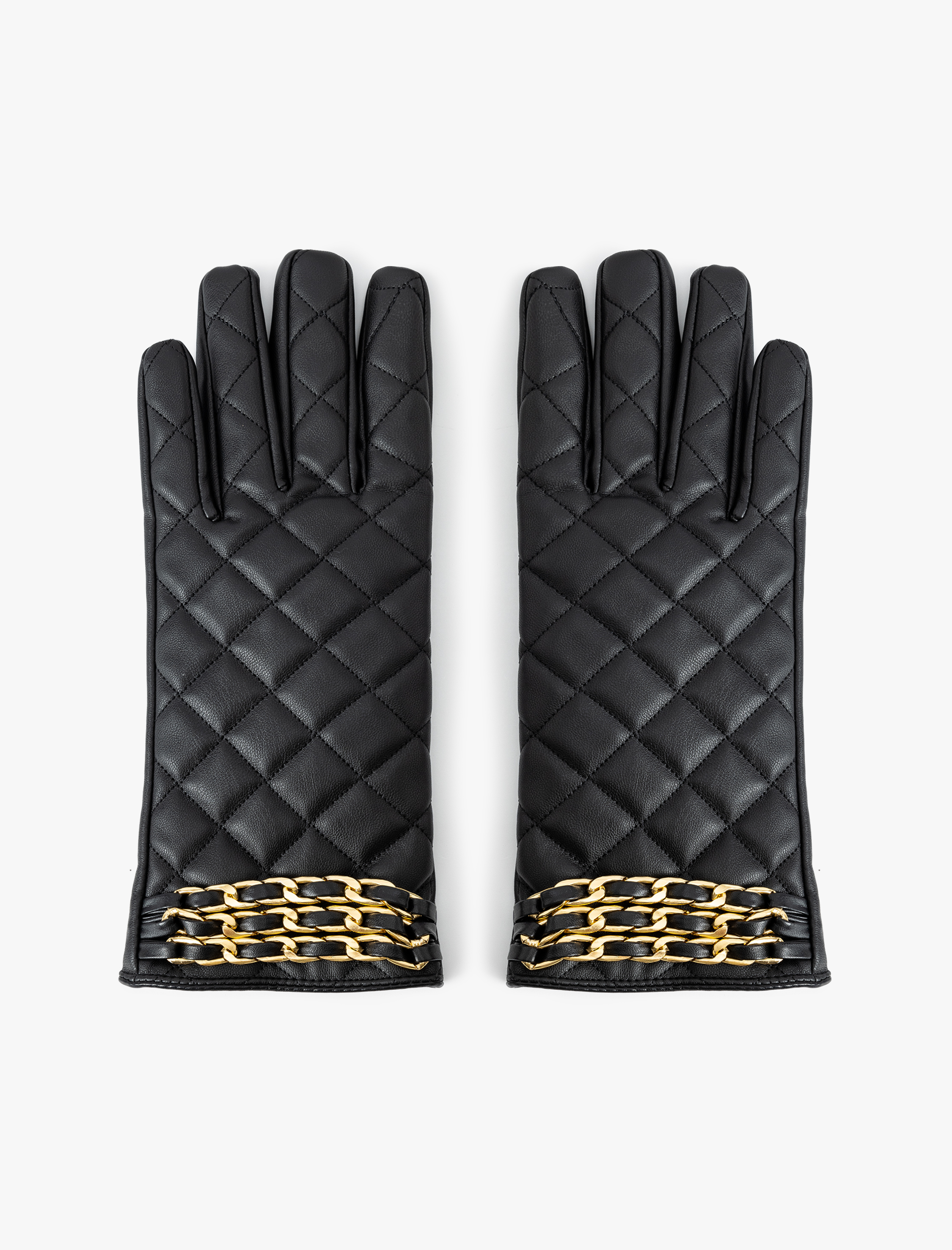  Kadın Suni Deri Eldiven Kapitoneli Zincir Detaylı