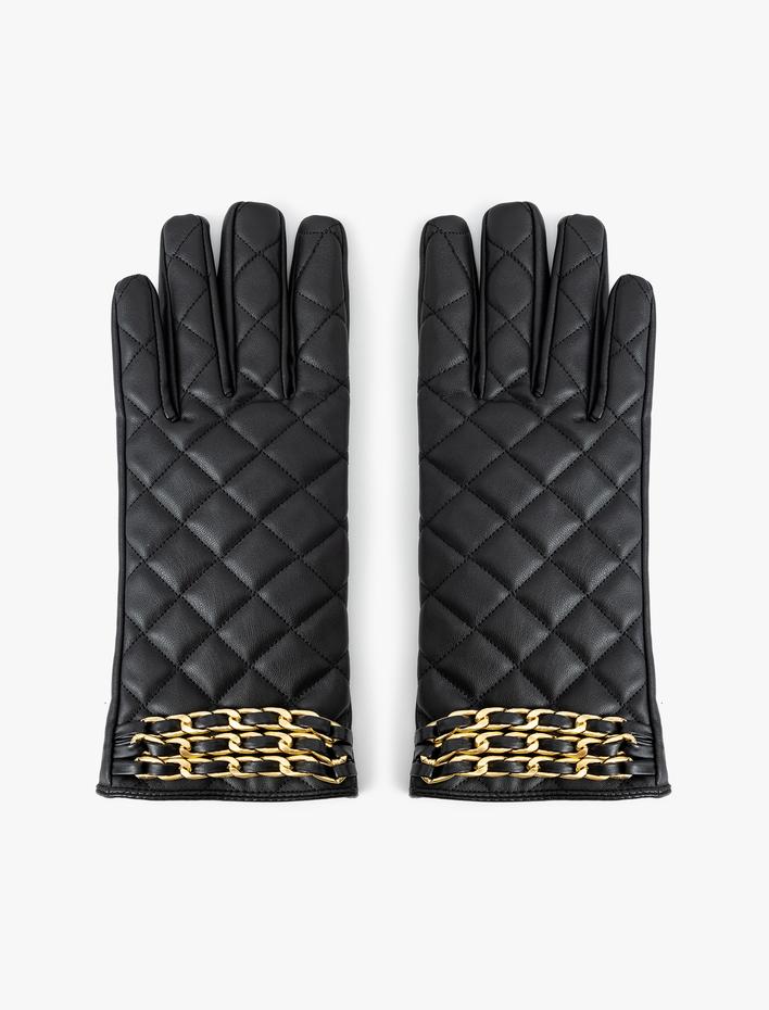 Kadın Suni Deri Eldiven Kapitoneli Zincir Detaylı