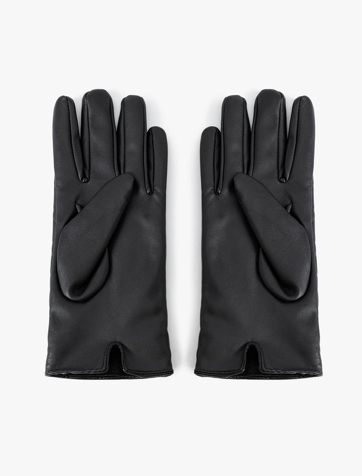 Kadın Suni Deri Eldiven Kapitoneli Zincir Detaylı