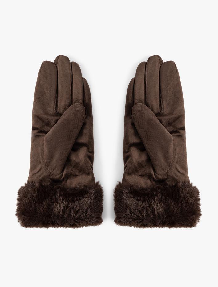 Kadın Süet Görünümlü Eldiven Suni Kürk Detaylı