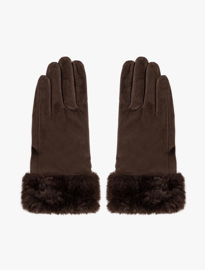 Kadın Süet Görünümlü Eldiven Suni Kürk Detaylı