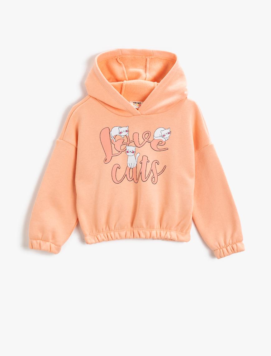  Kız Çocuk Kedi Baskılı Kapşonlu Sweatshirt Pamuklu Beli Lastikli