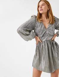 Parlak Mini Abiye Elbise Uzun Kollu V Yaka