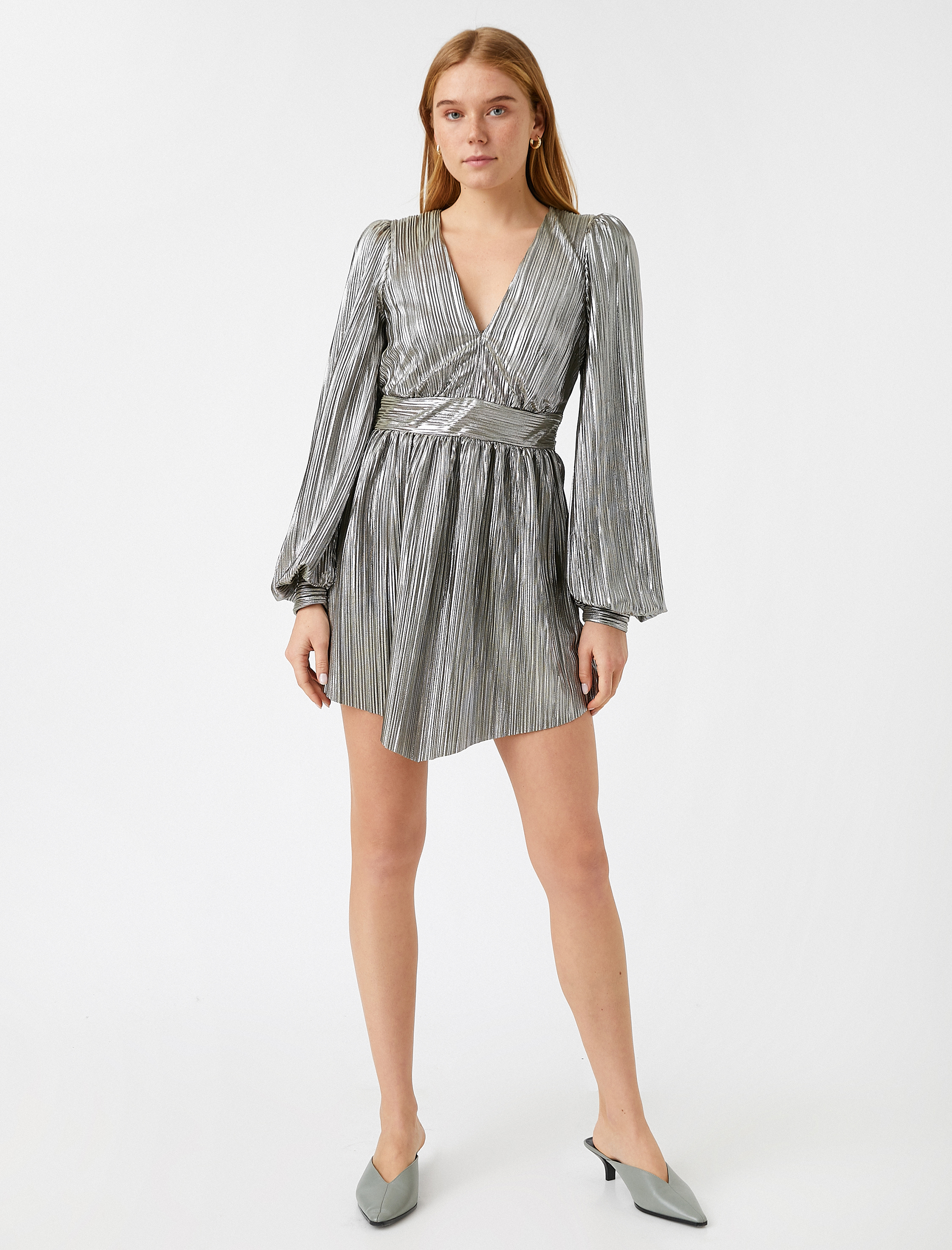   Parlak Mini Abiye Elbise Uzun Kollu V Yaka