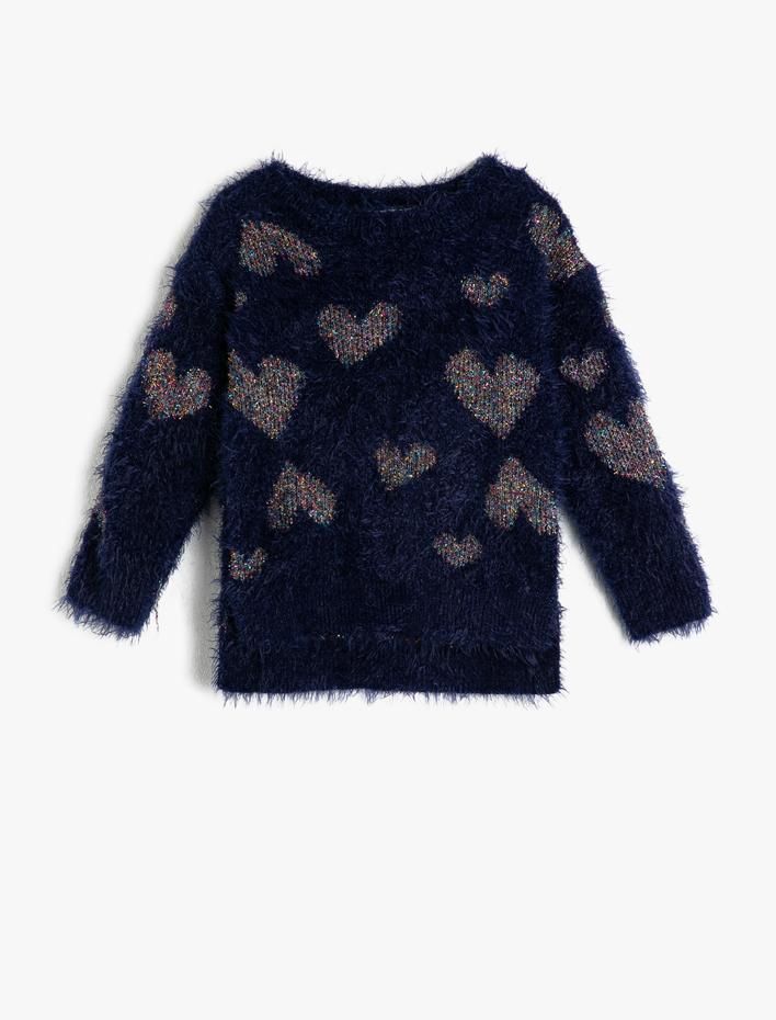 Kız Çocuk Bisiklet Yaka Uzun Kollu Kalp Detaylı Triko Kazak