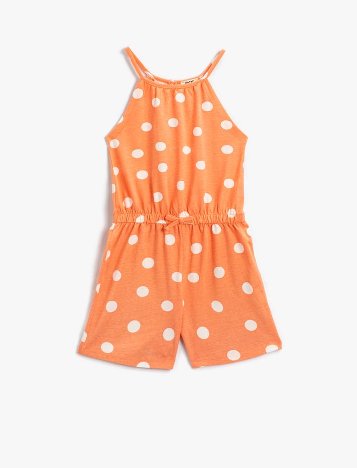 Kız Çocuk Puantiye Desenli Halter Yaka Tulum Pamuklu