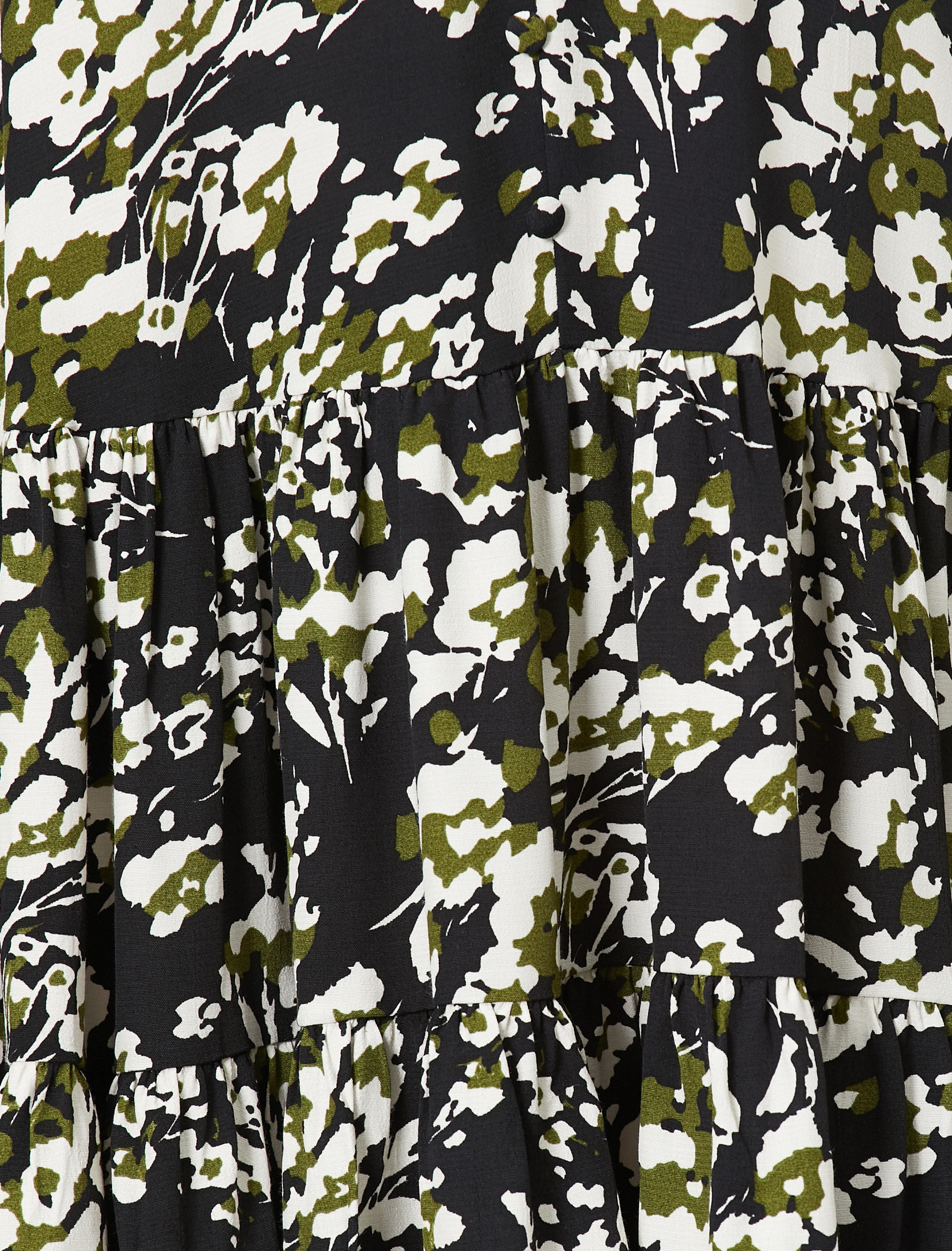   Çiçek Desenli V Yaka Uzun Kollu Fırfır Detaylı Midi Elbise