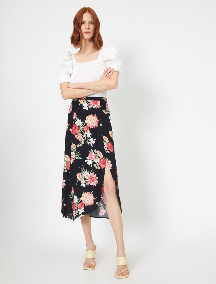  Desenli Yırtmaçlı Midi Etek
