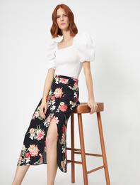 Desenli Yırtmaçlı Midi Etek