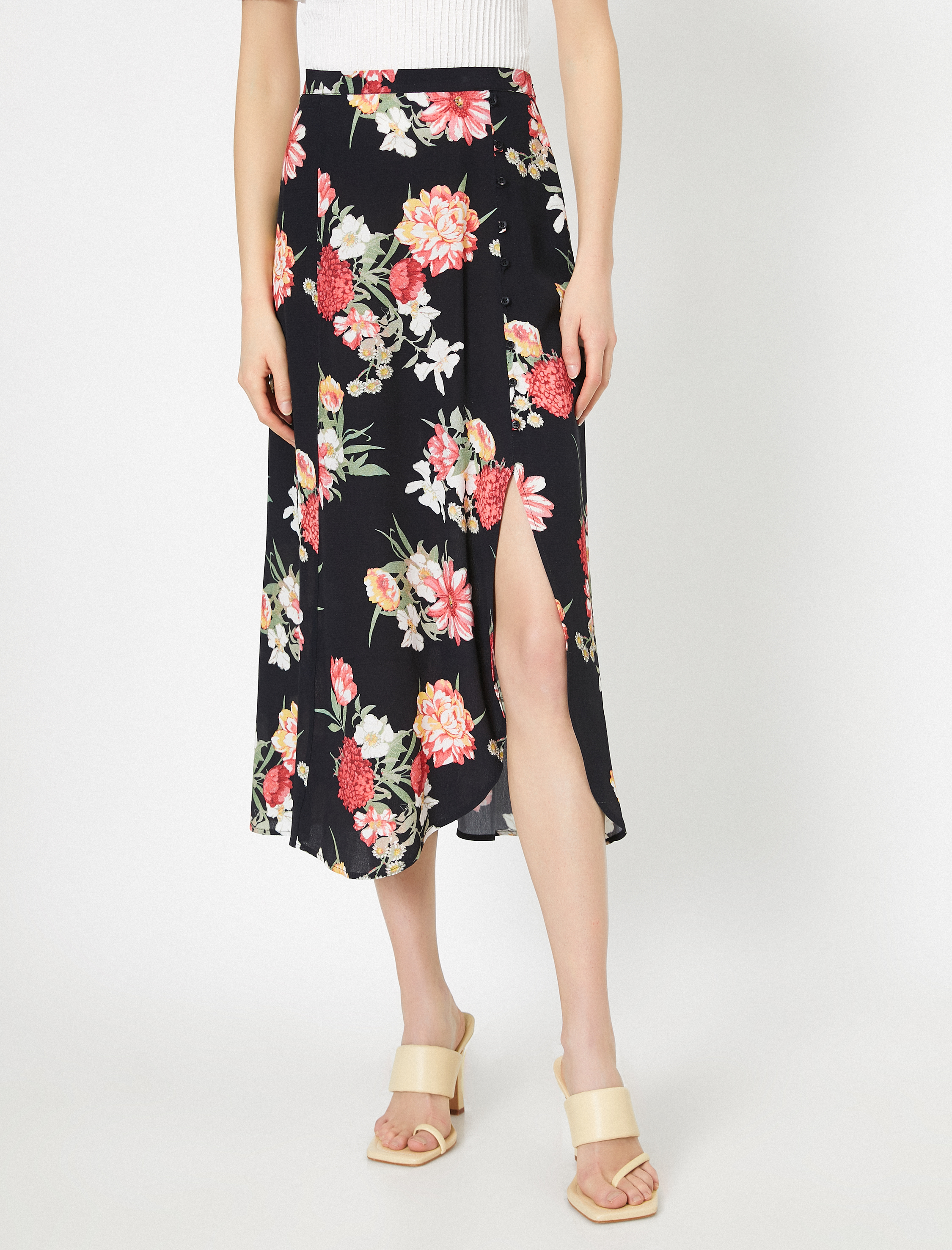   Desenli Yırtmaçlı Midi Etek