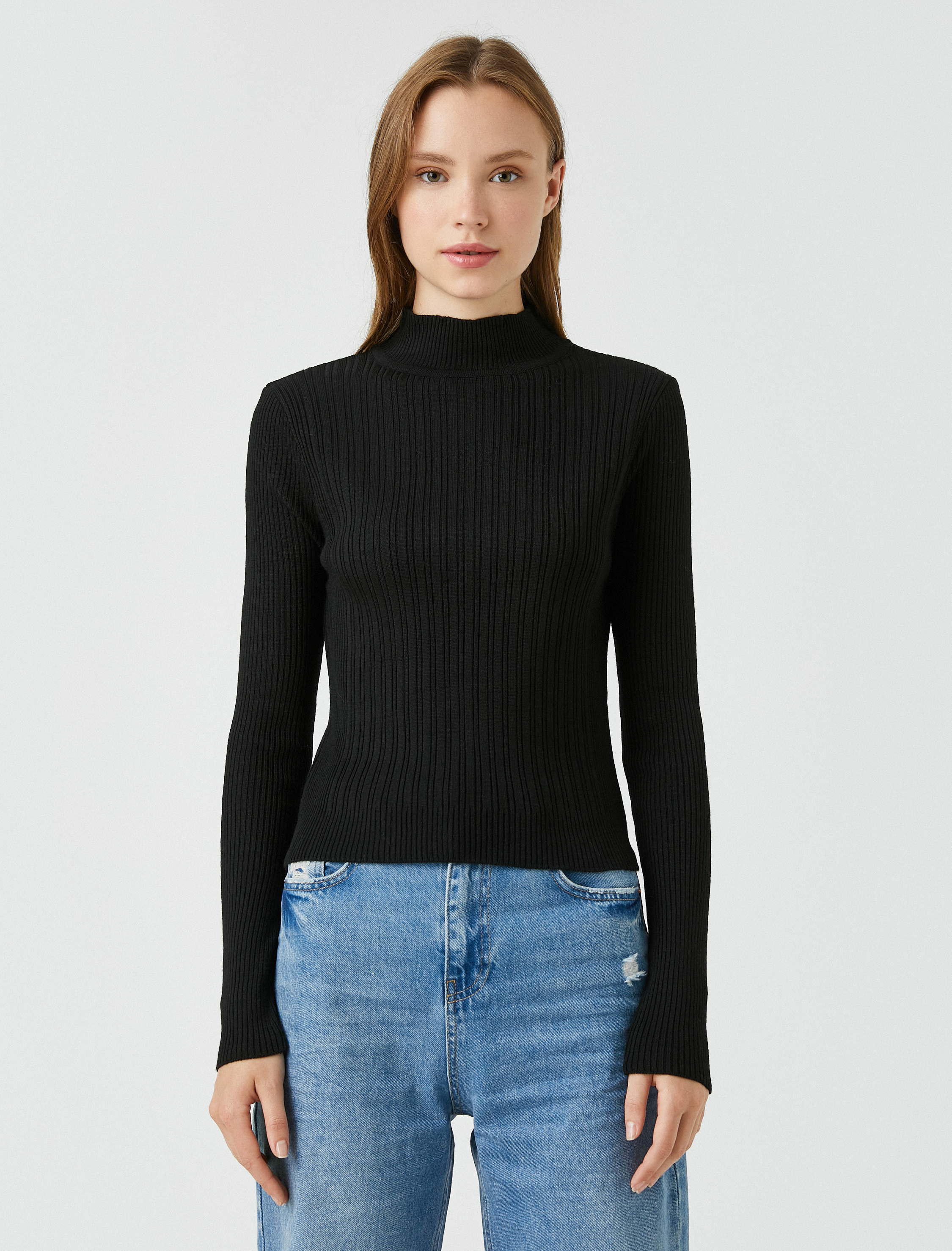   Yüksek Yaka Fitilli Basic Triko Kazak Kaşmir Dokulu