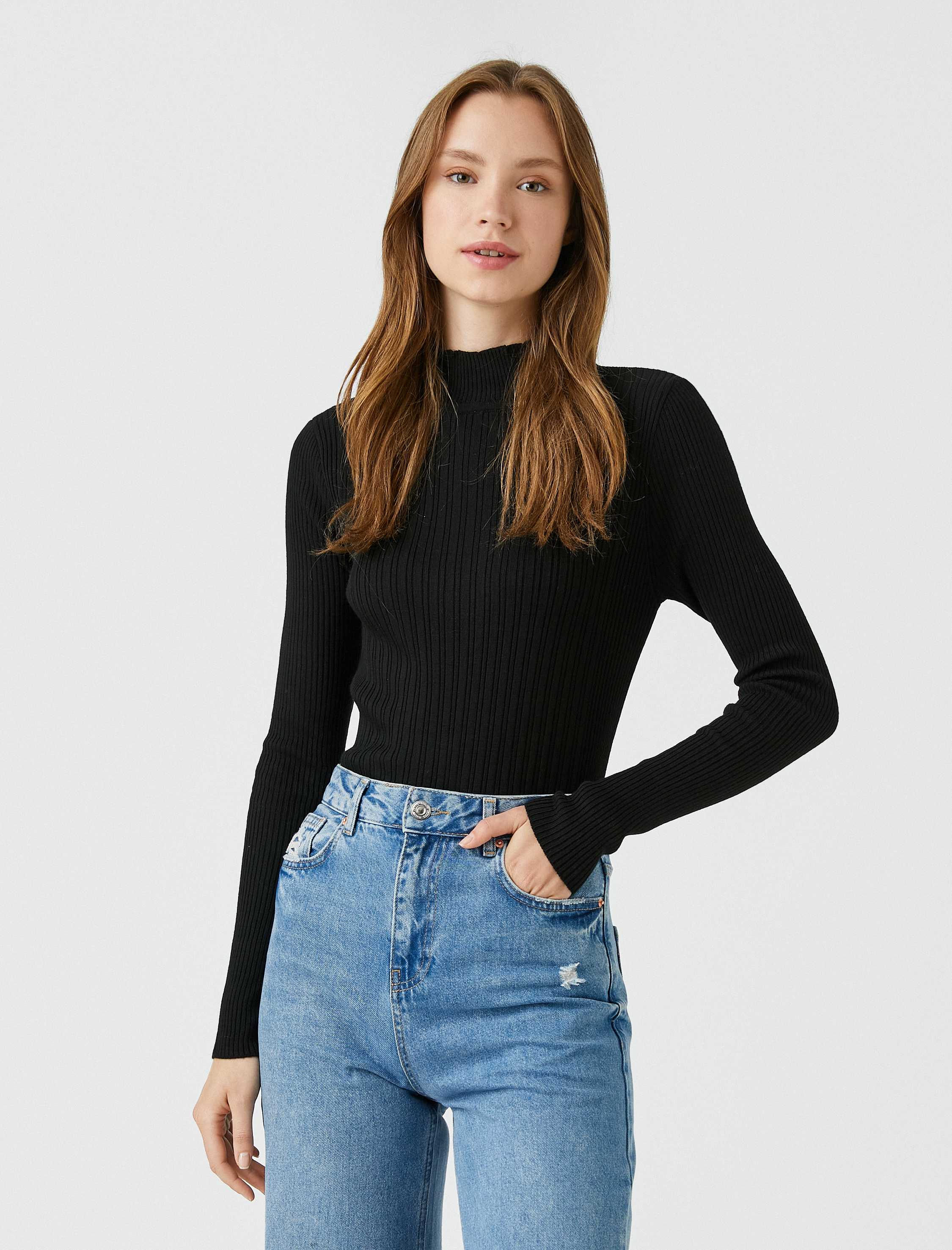   Yüksek Yaka Fitilli Basic Triko Kazak Kaşmir Dokulu