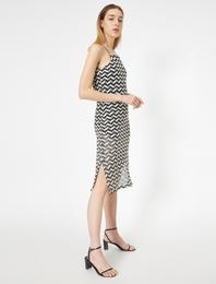 Halter Yaka Desenli Tül Detaylı Elbise