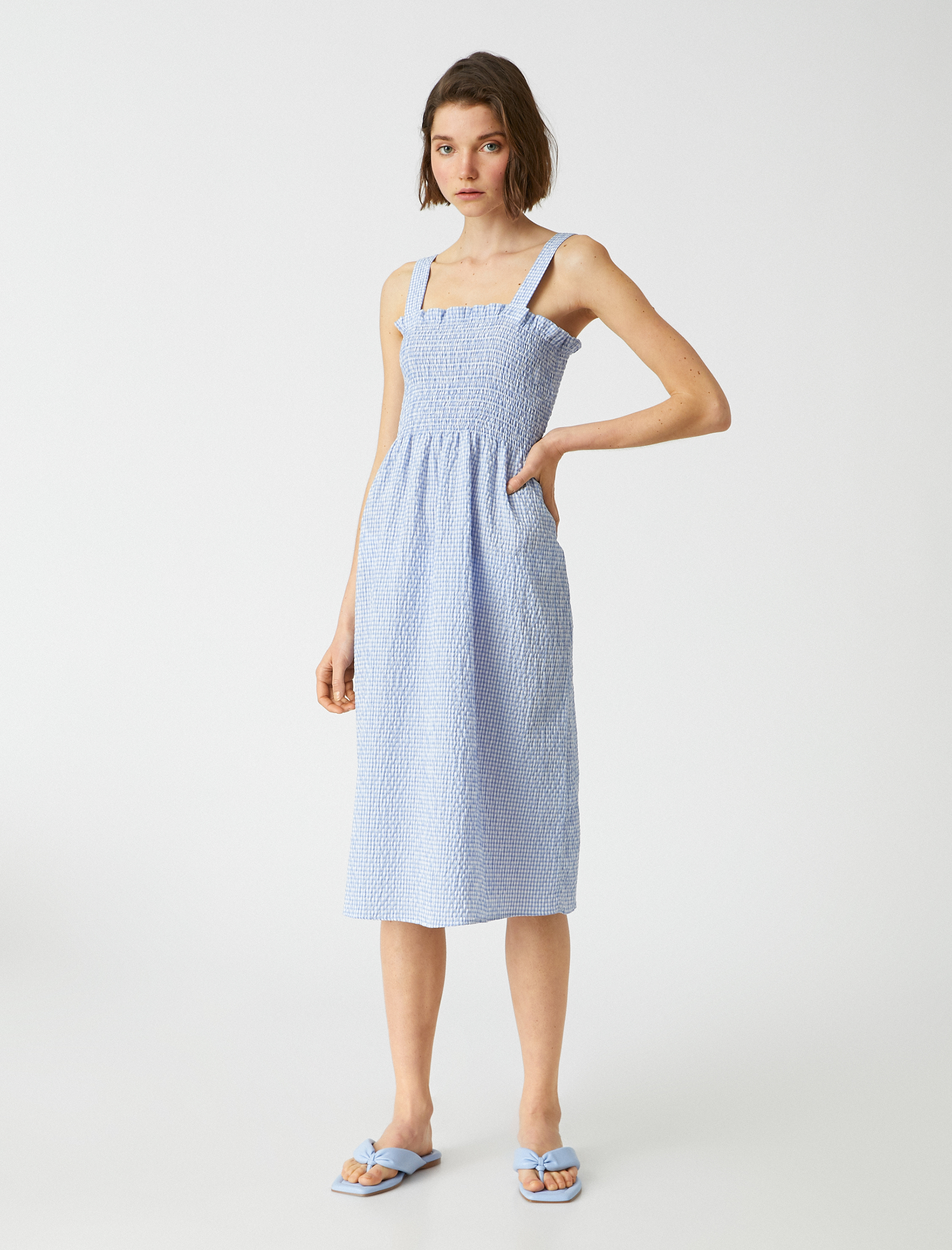   Fırfırlı Midi Elbise Kalın Askılı