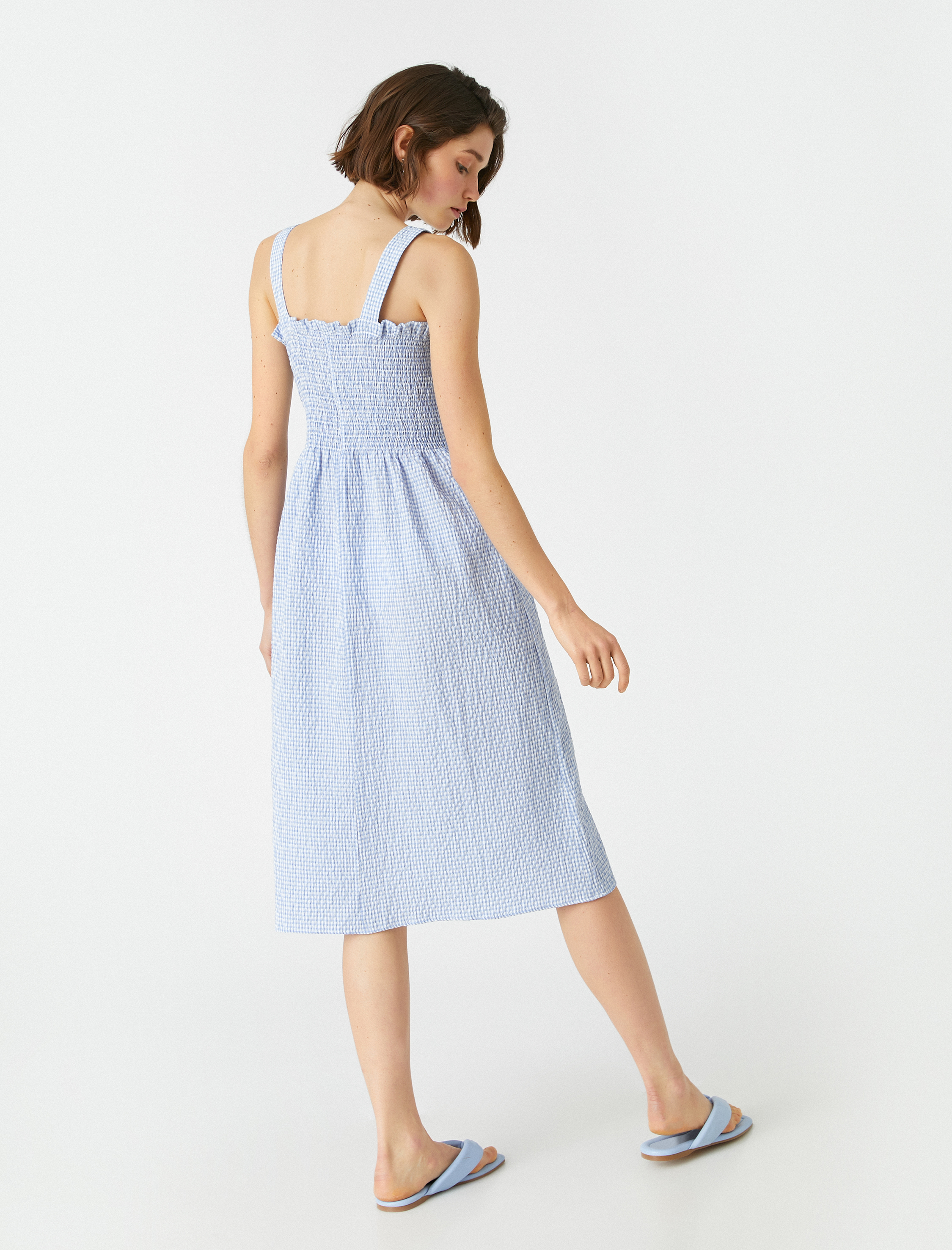   Fırfırlı Midi Elbise Kalın Askılı