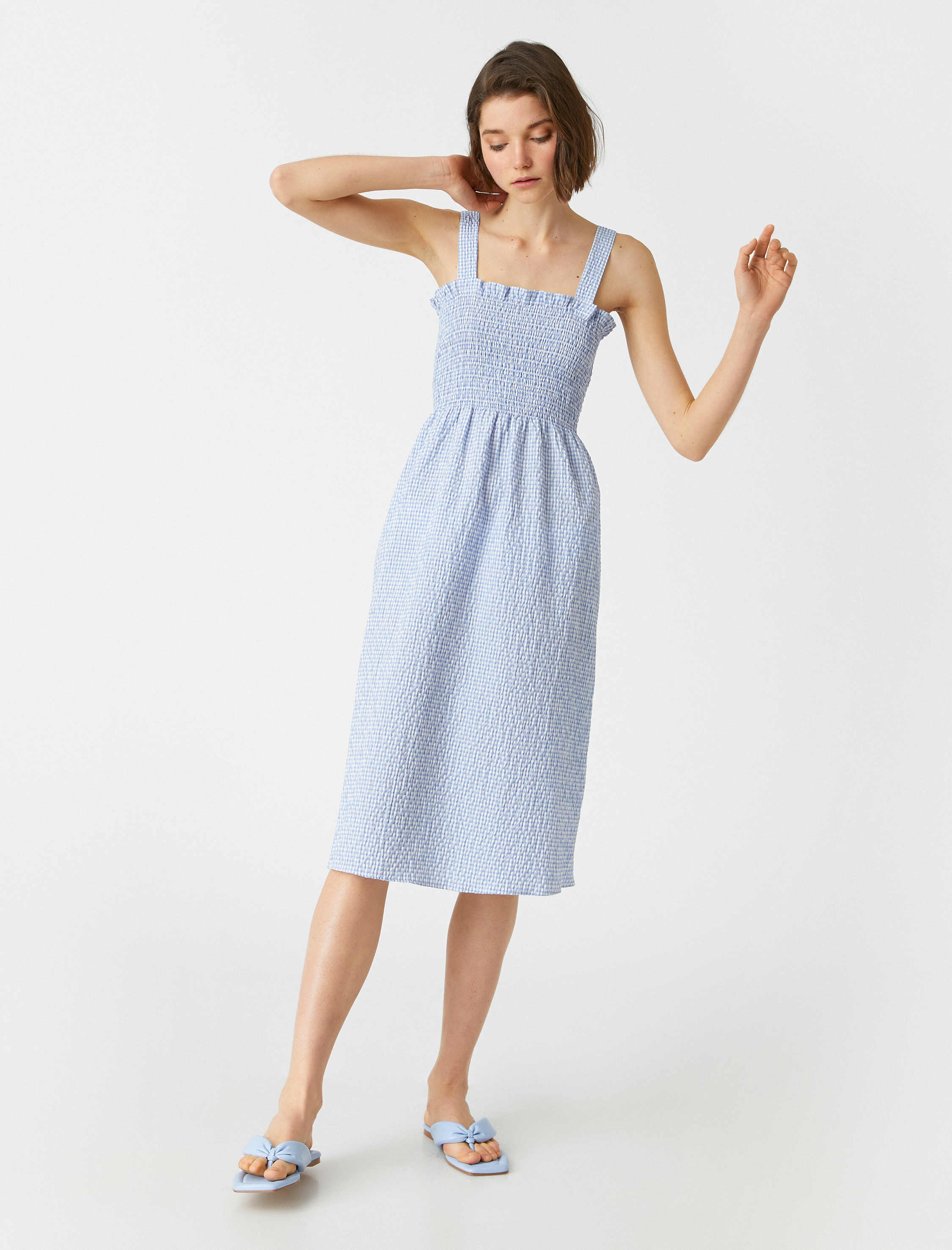   Fırfırlı Midi Elbise Kalın Askılı