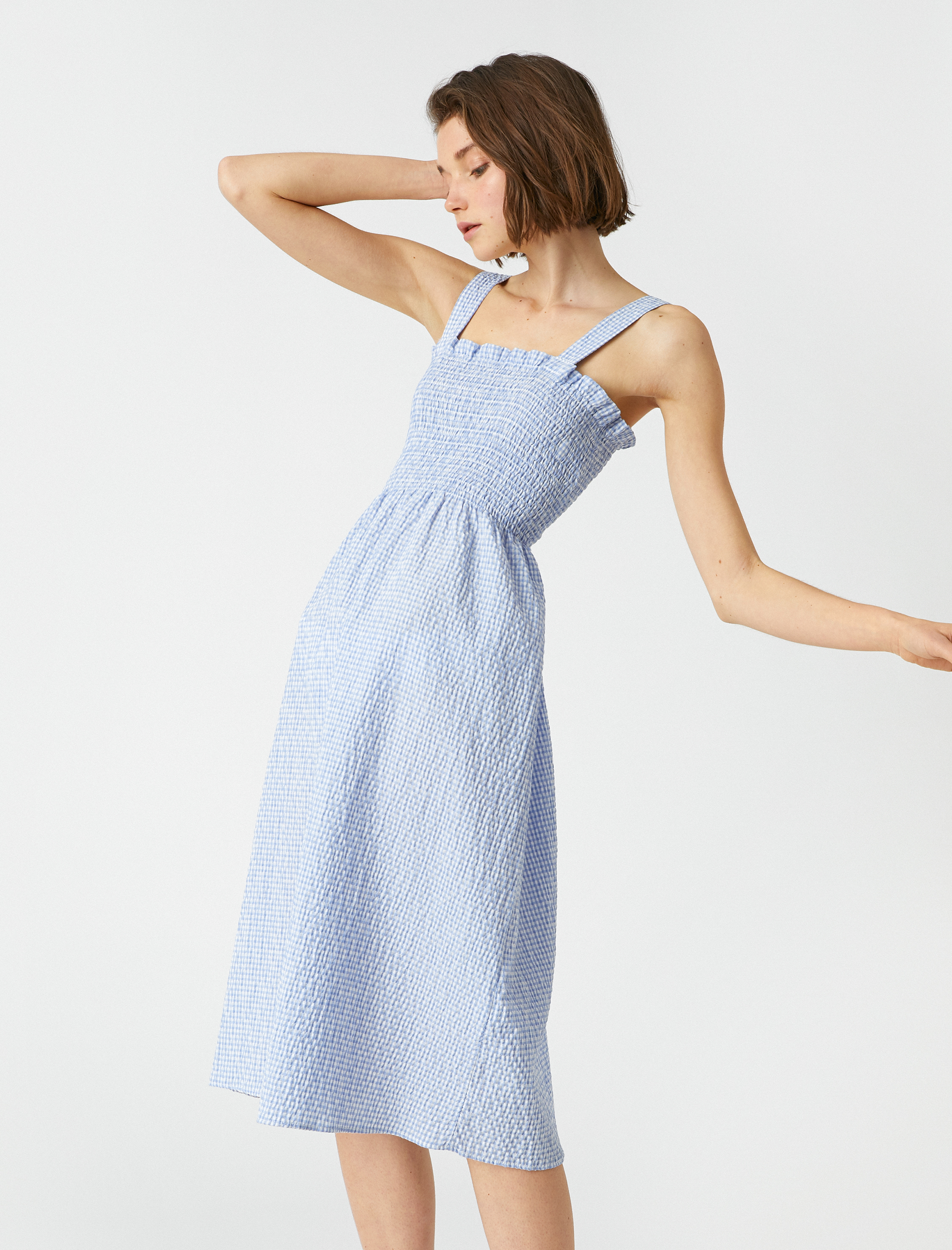   Fırfırlı Midi Elbise Kalın Askılı