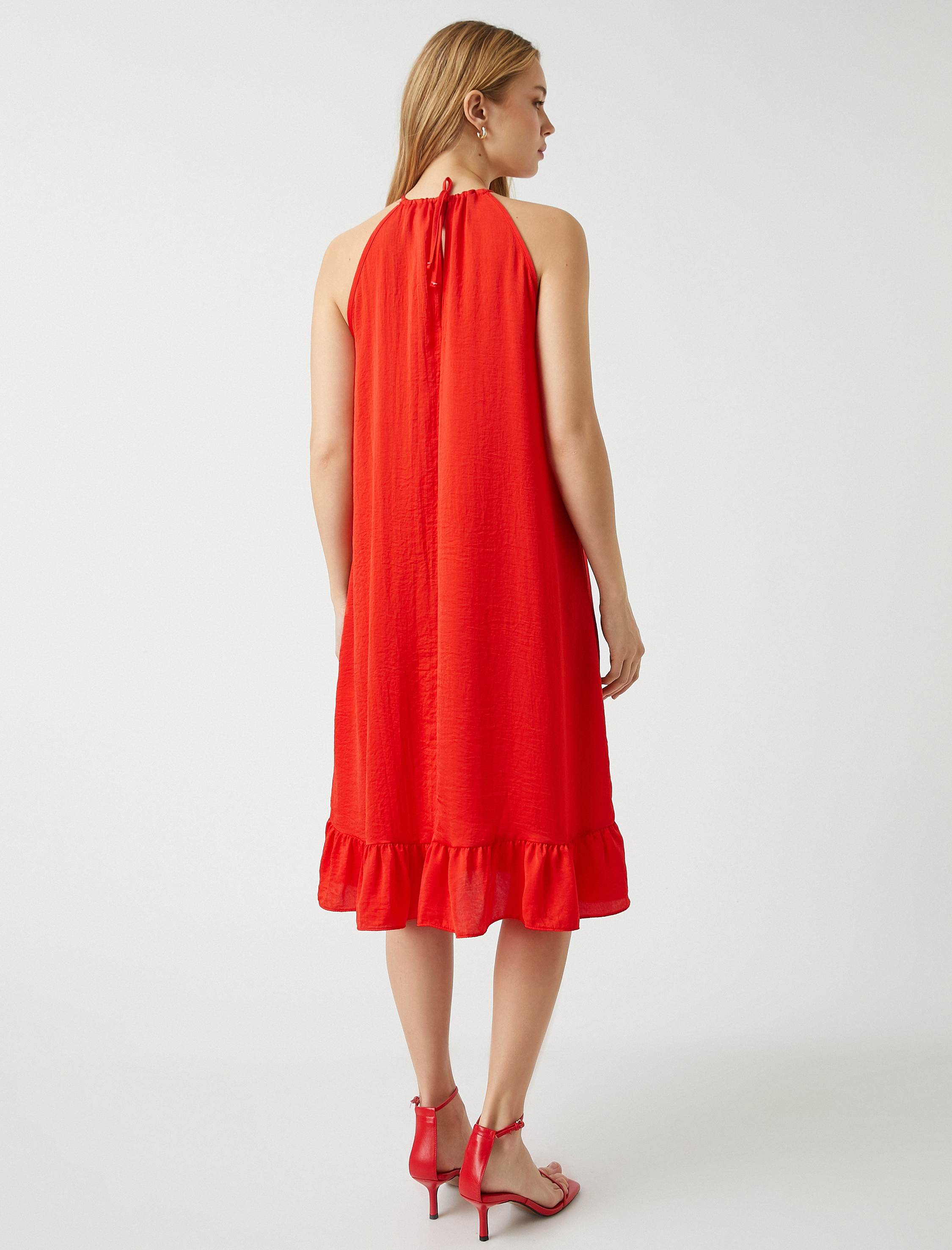   Fırfırlı Midi Boy Elbise Halter Yaka