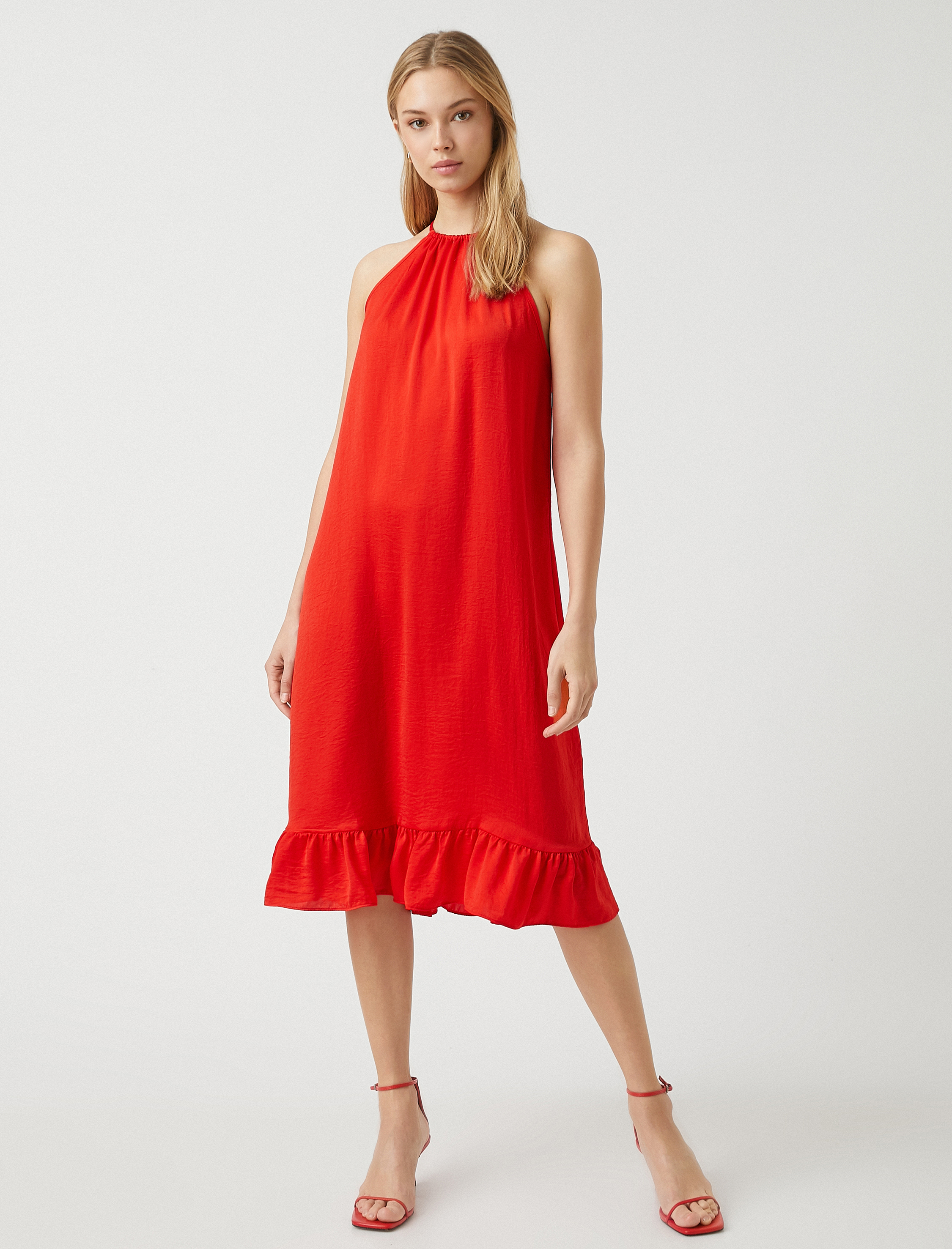   Fırfırlı Midi Boy Elbise Halter Yaka