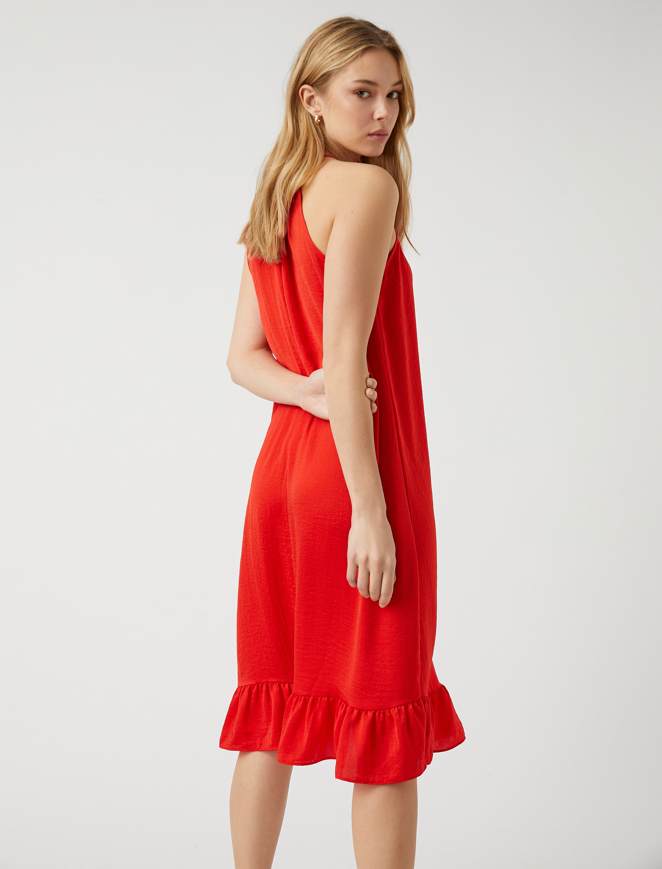   Fırfırlı Midi Boy Elbise Halter Yaka