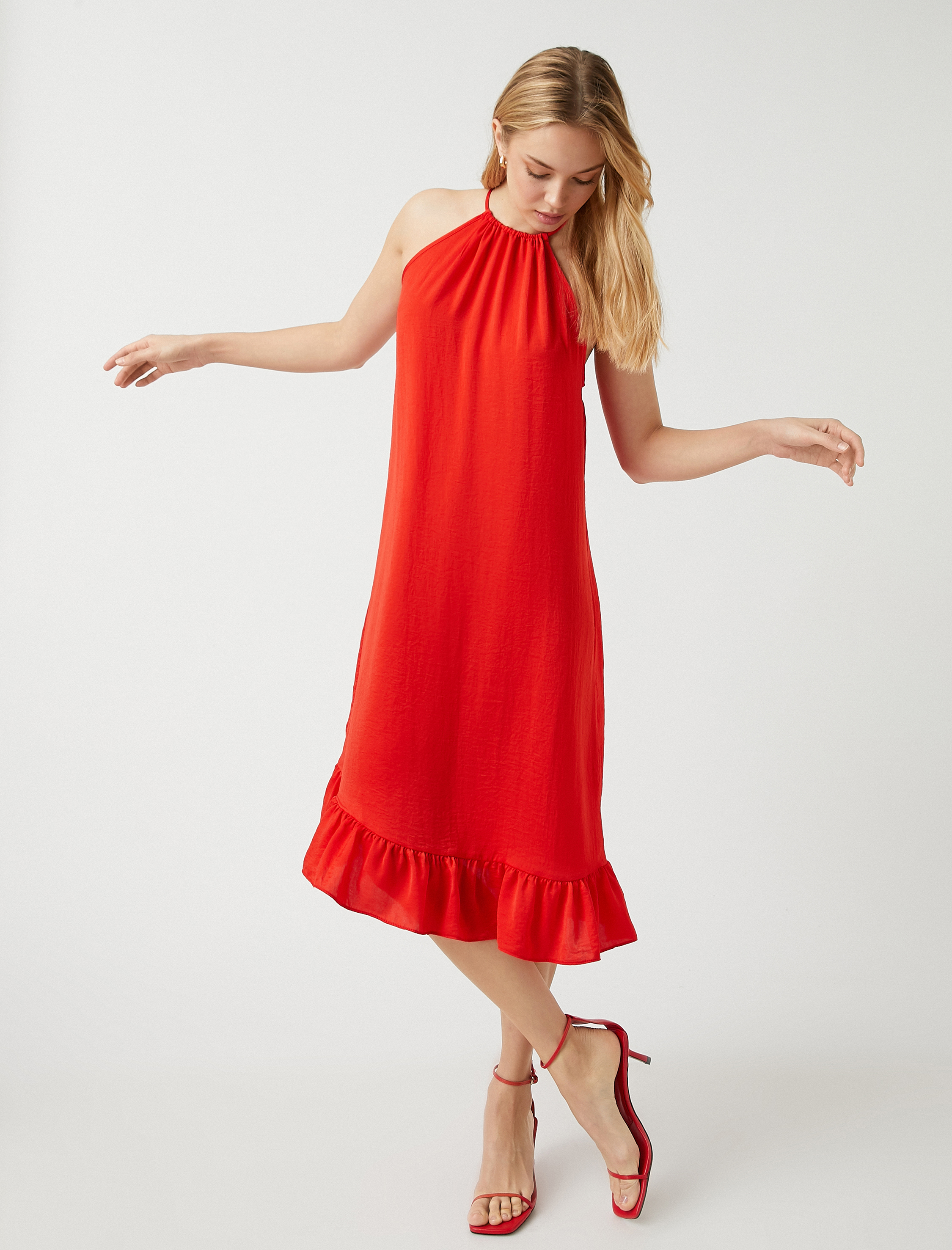   Fırfırlı Midi Boy Elbise Halter Yaka