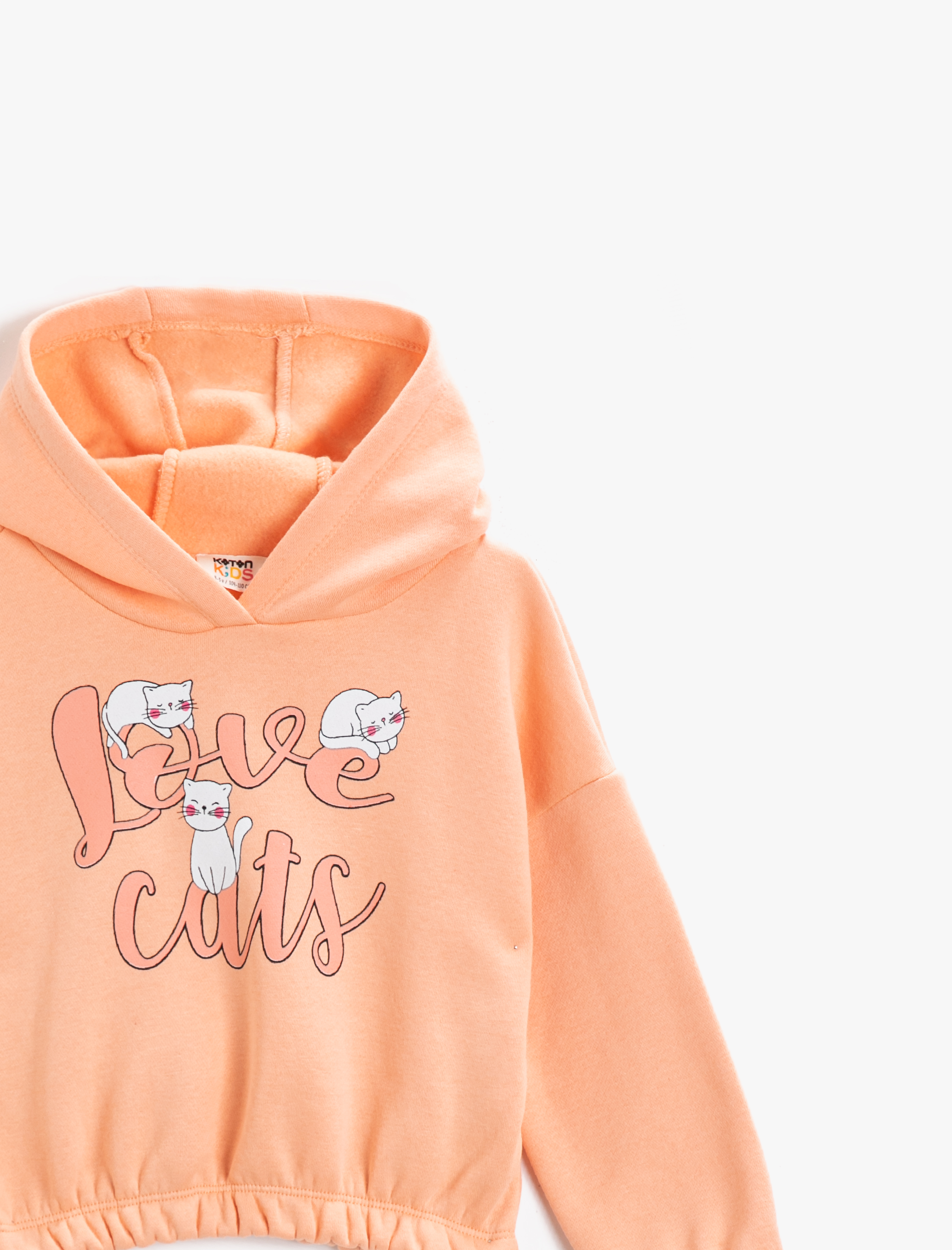 Kız Çocuk Kedi Baskılı Kapşonlu Sweatshirt Pamuklu Beli Lastikli