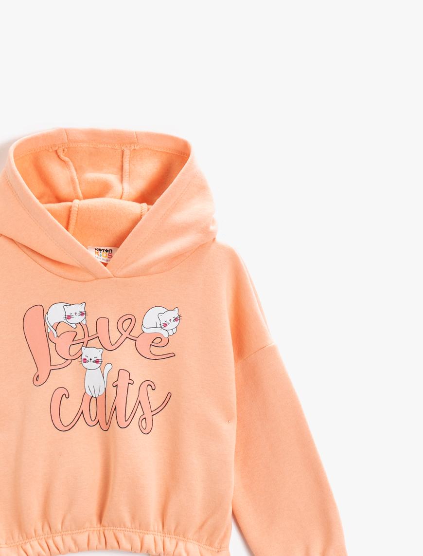  Kız Çocuk Kedi Baskılı Kapşonlu Sweatshirt Pamuklu Beli Lastikli