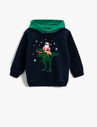 Yılbaşı Temalı Baskılı Kapüşonlu Sweatshirt Uzun Kollu