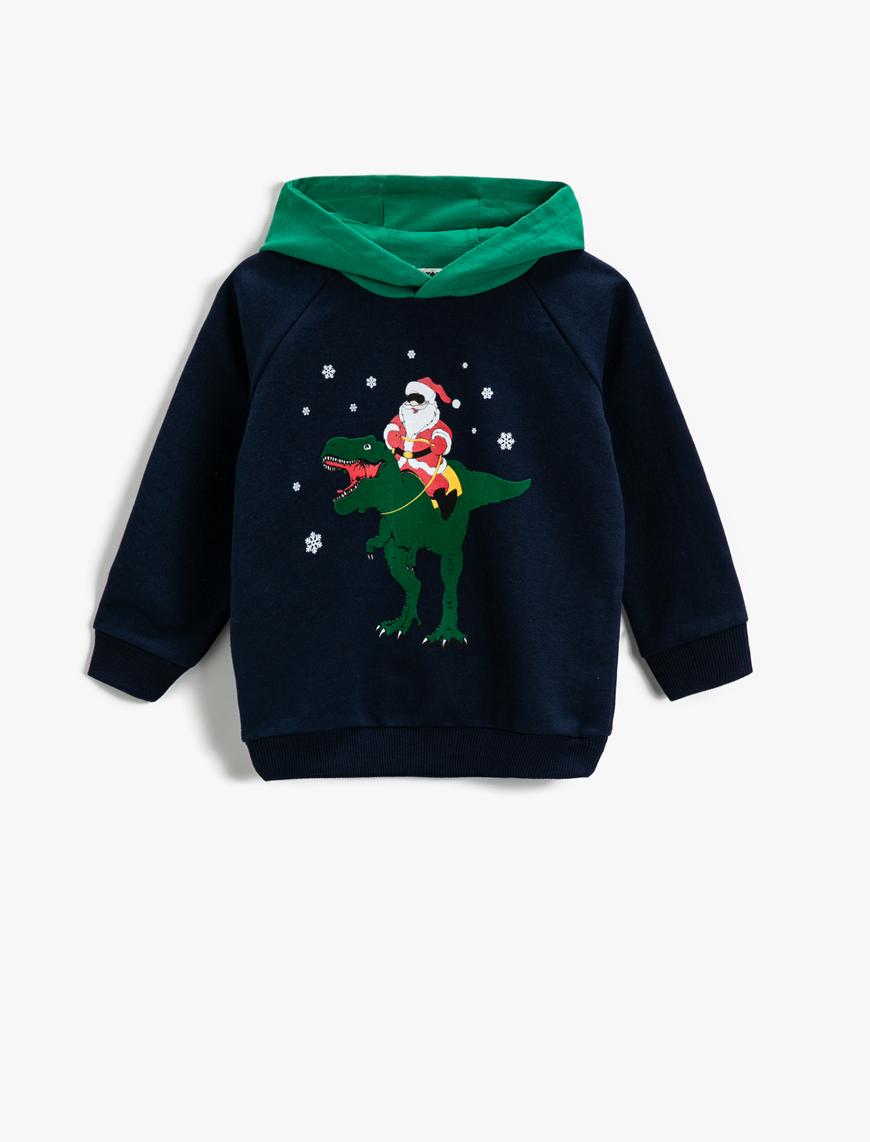  Erkek Çocuk Yılbaşı Temalı Baskılı Kapüşonlu Sweatshirt Uzun Kollu