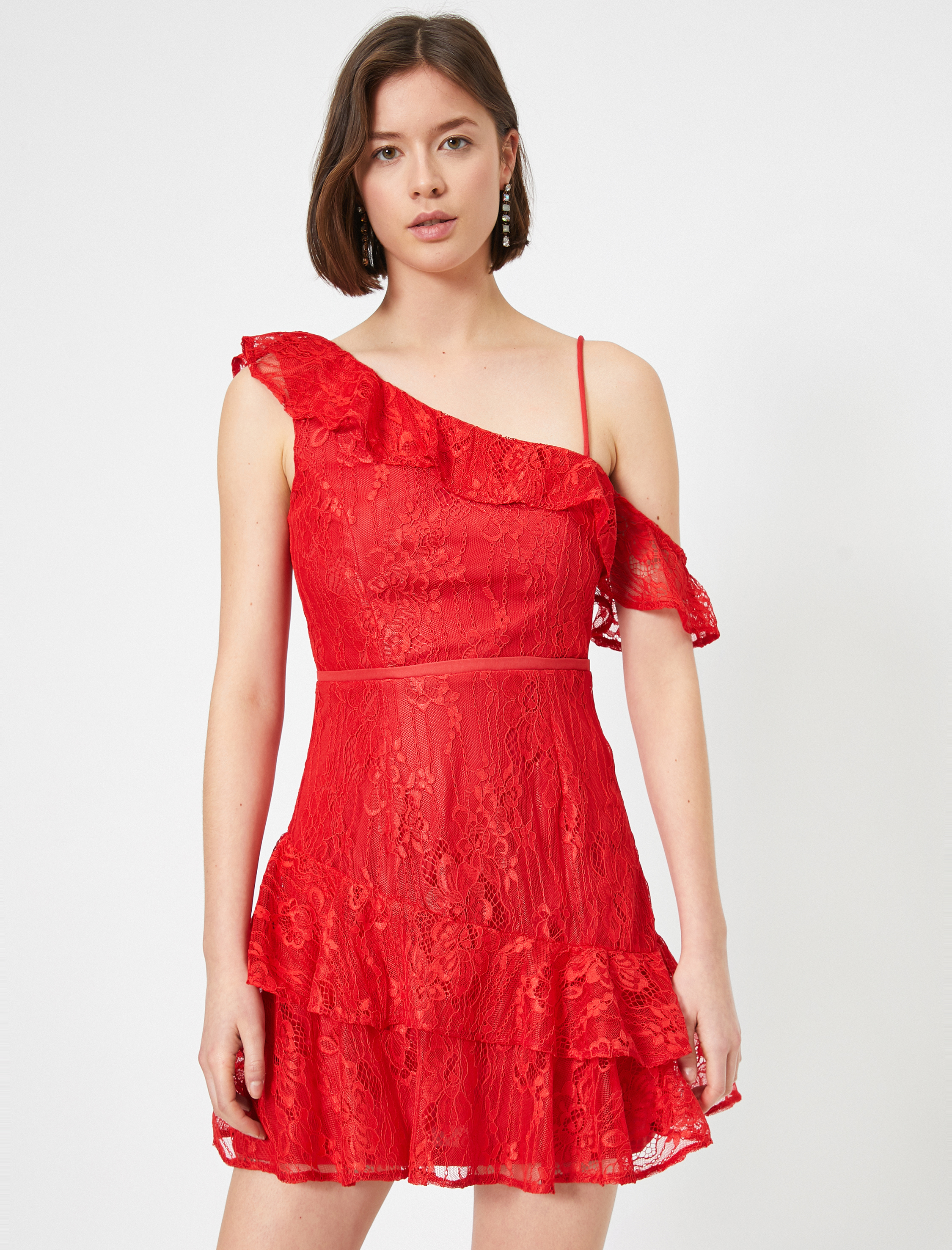   Dantel Abiye Elbise Volanlı Düşük Omuz Kolsuz Mini