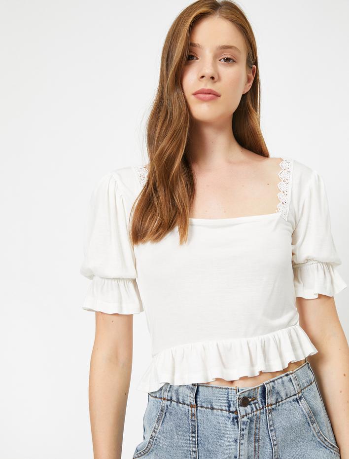  Kısa Kollu Fırfırlı Dantelli Crop Tişört