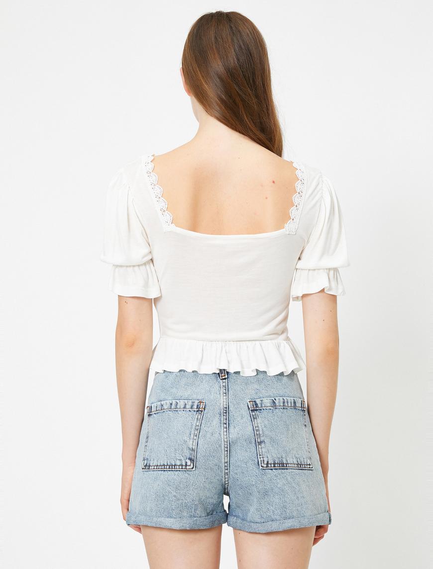   Kısa Kollu Fırfırlı Dantelli Crop Tişört
