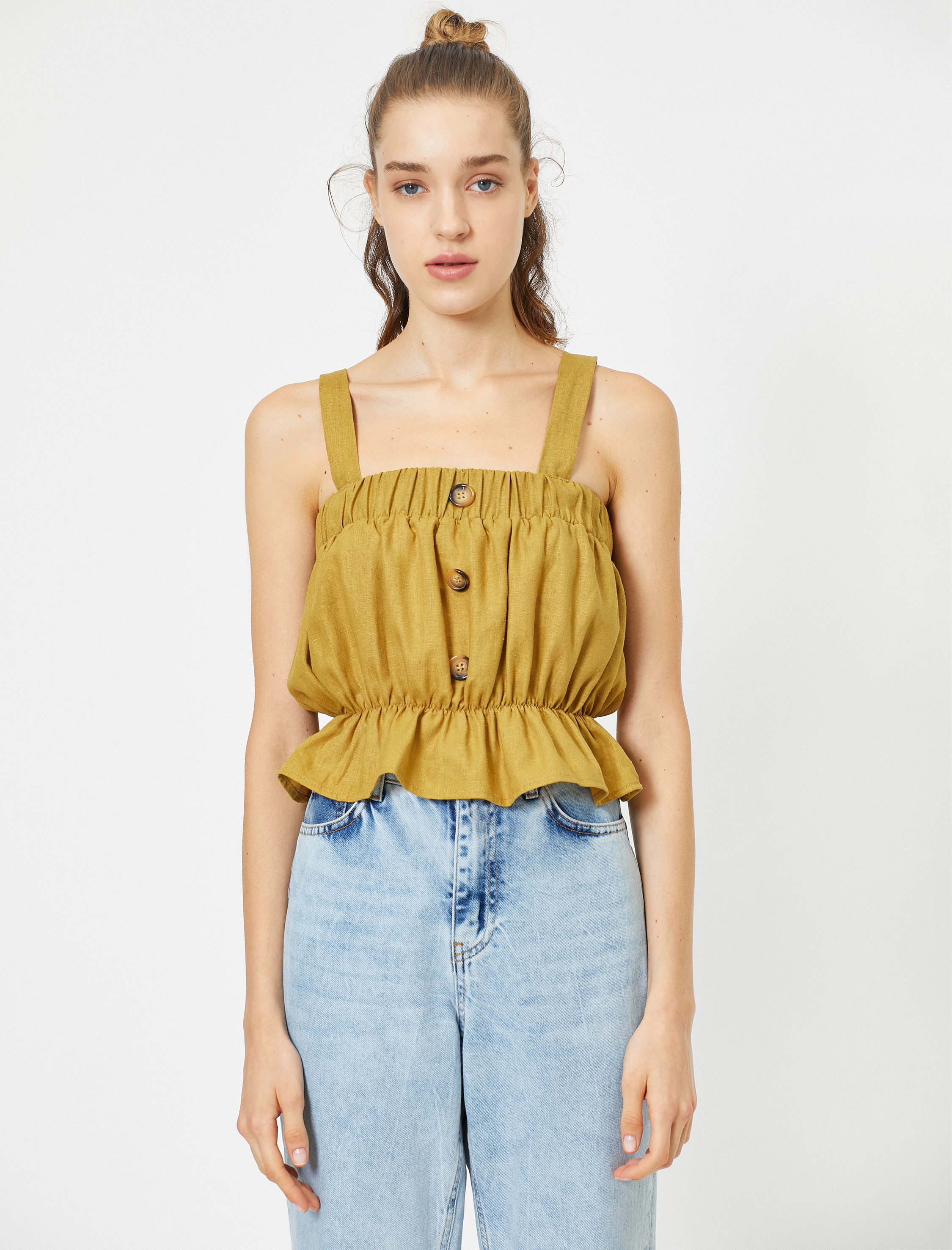   Askılı Düğme Detaylı Keten Atlet