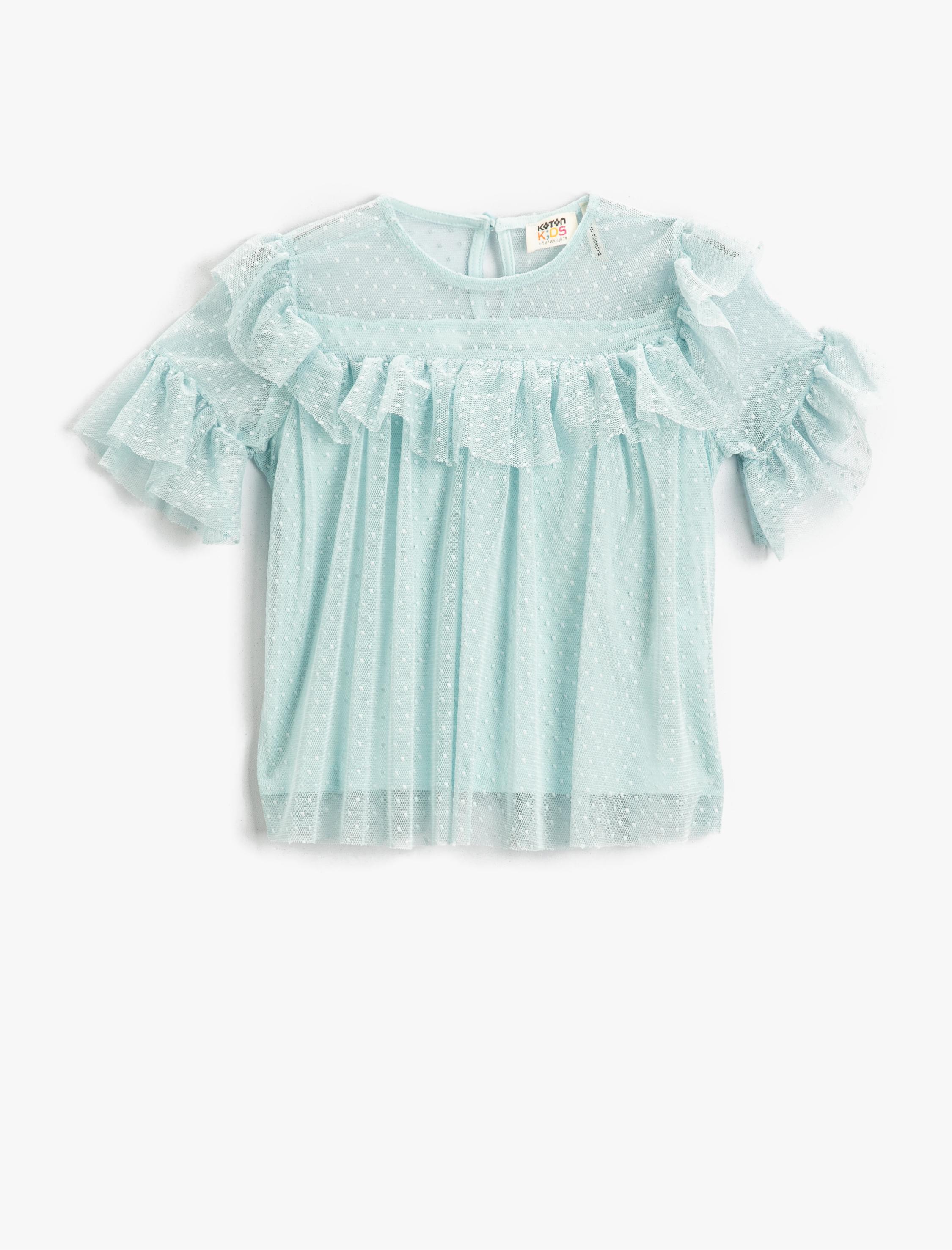  Kız Çocuk Kabarık Fırfırlı Kollu Tül Bisiklet Yaka Tişört