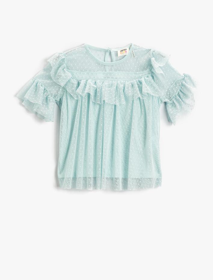 Kız Çocuk Kabarık Fırfırlı Kollu Tül Bisiklet Yaka Tişört