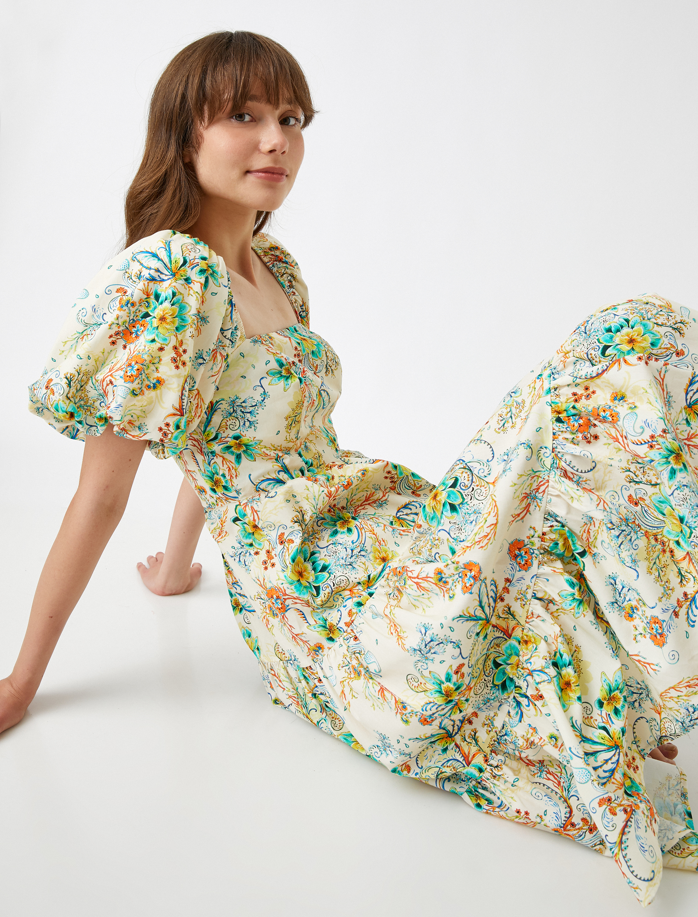   Çiçekli Yazlık Elbise Balon Kollu Pamuklu