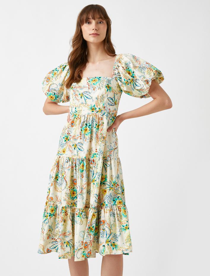  Çiçekli Yazlık Elbise Balon Kollu Pamuklu