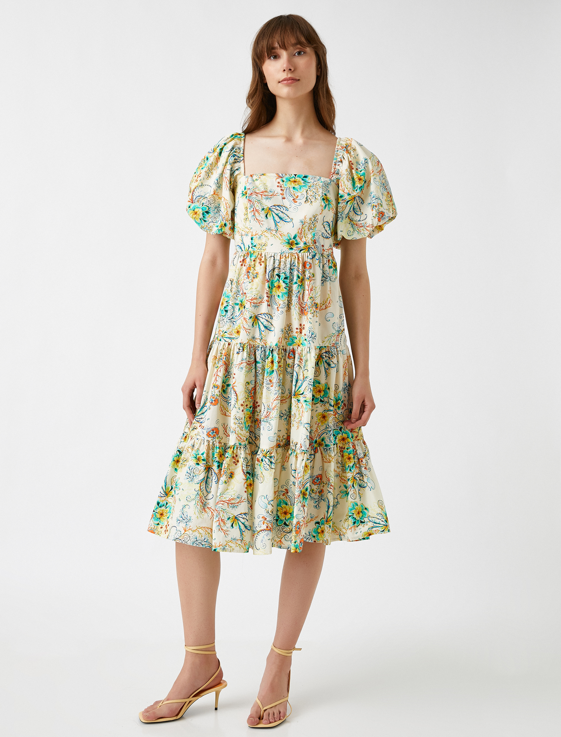   Çiçekli Yazlık Elbise Balon Kollu Pamuklu