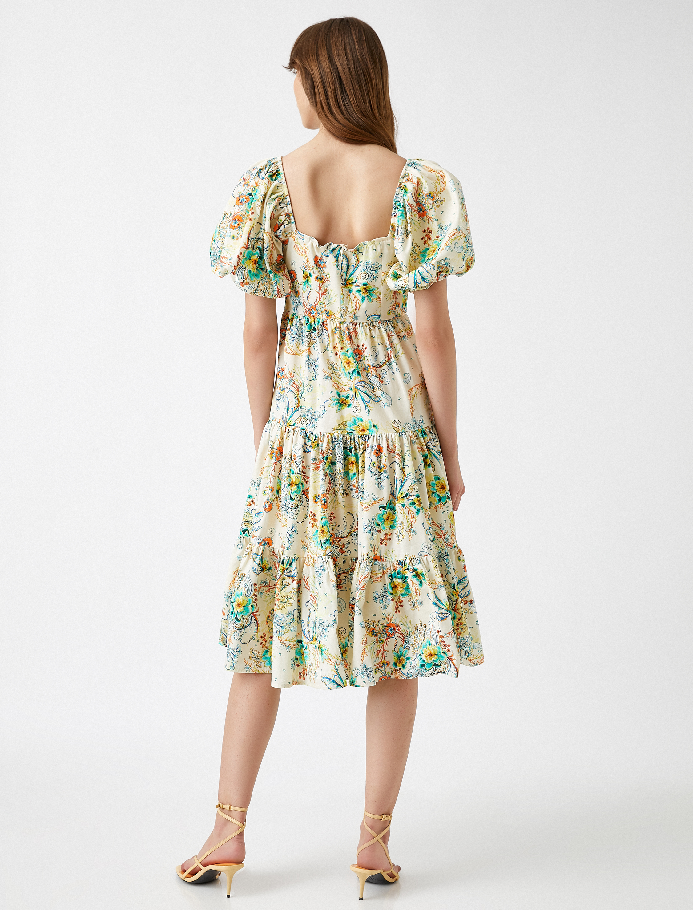   Çiçekli Yazlık Elbise Balon Kollu Pamuklu