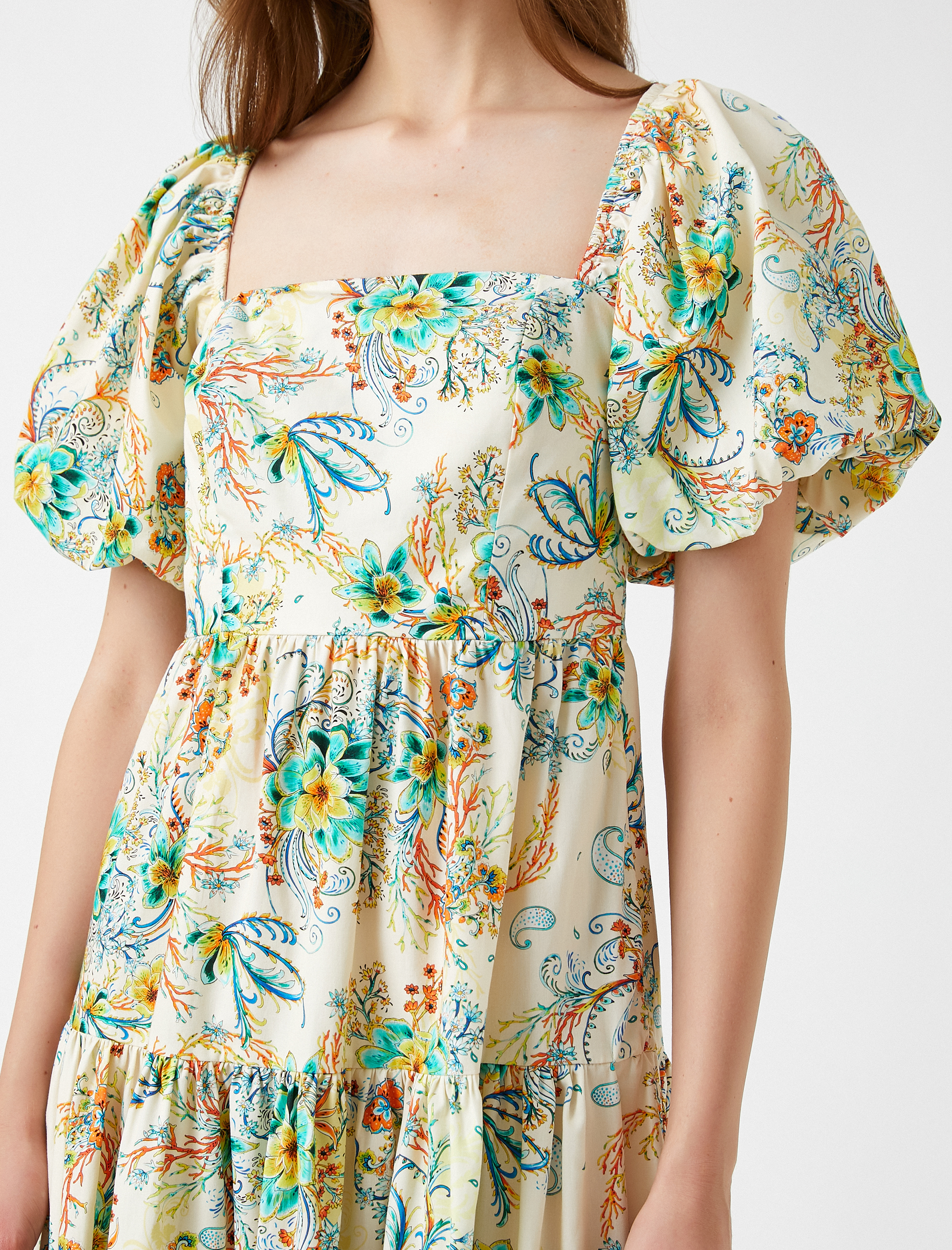   Çiçekli Yazlık Elbise Balon Kollu Pamuklu