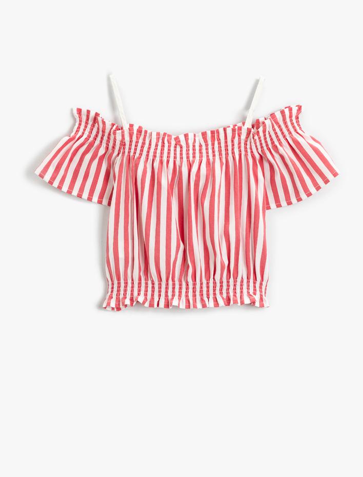 Kız Çocuk Çizgili Omzu Açık Kısa Kollu Bluz Pamuklu