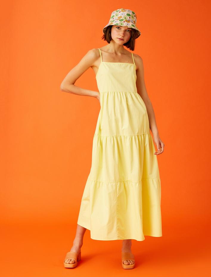  Katlı Uzun Elbise İnce Askılı Kare Yaka