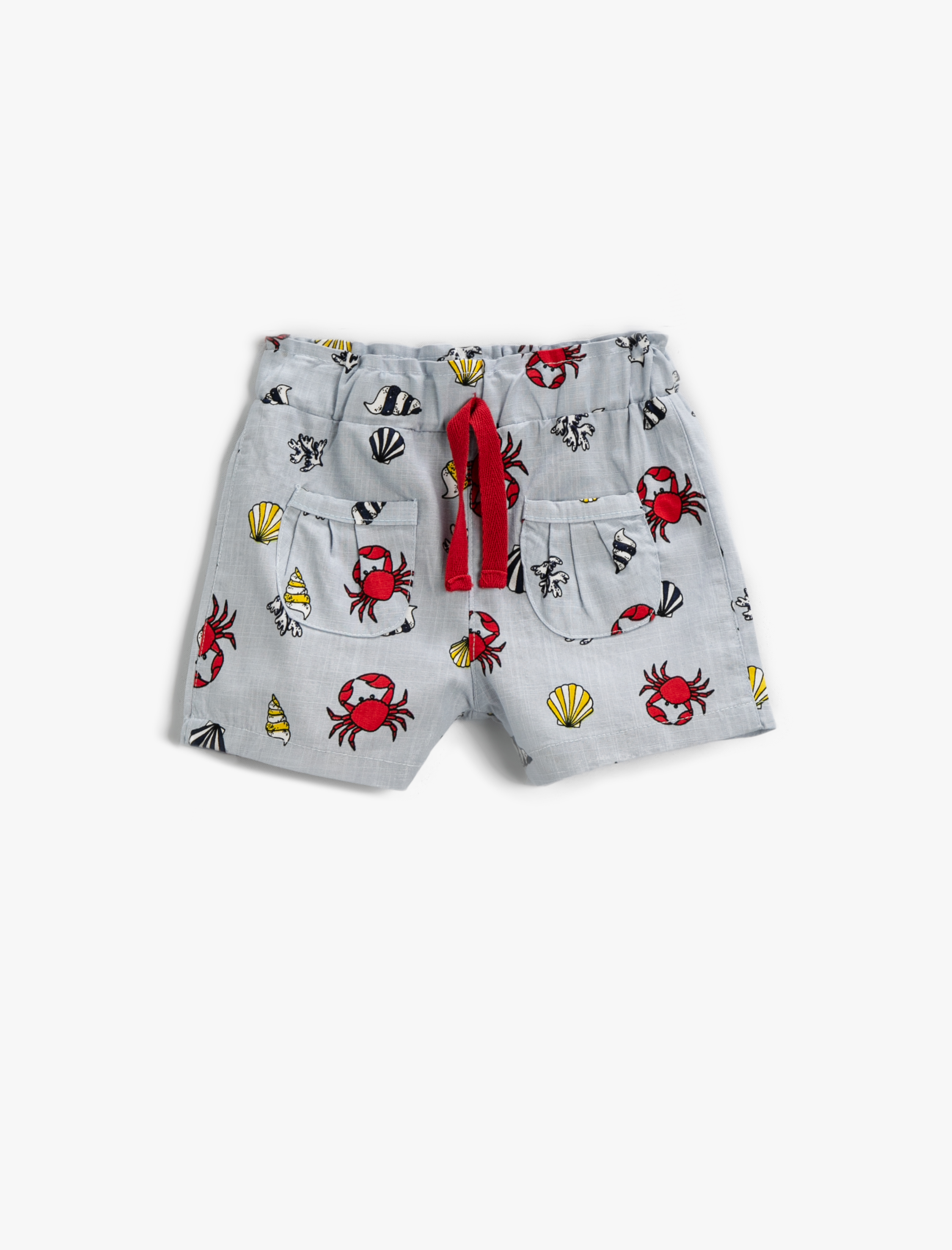  Erkek Bebek Pamuklu Şort Yengeç Desenli Beli Lastikli ve Büzgü Bağlı