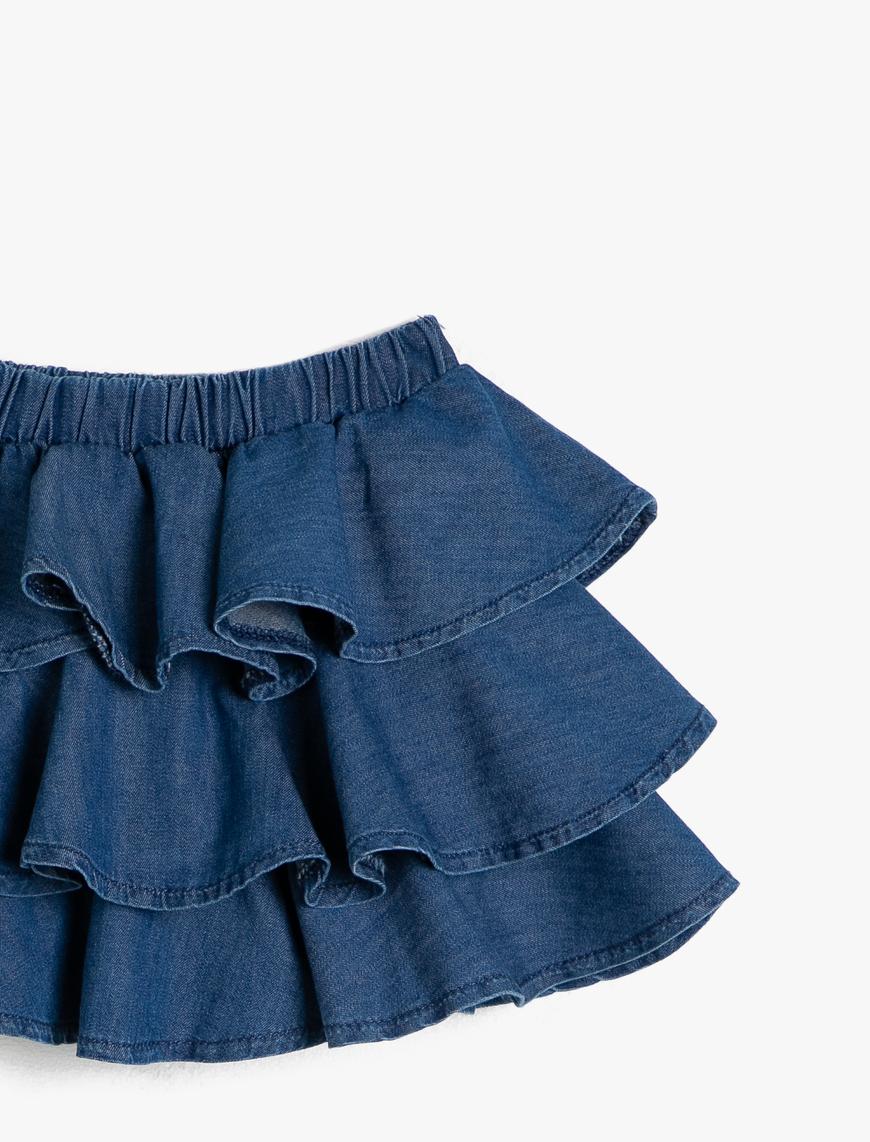  Kız Çocuk İnce Dökümlü Kumaştan Beli Lastikli Diz Üstü Jean Etek
