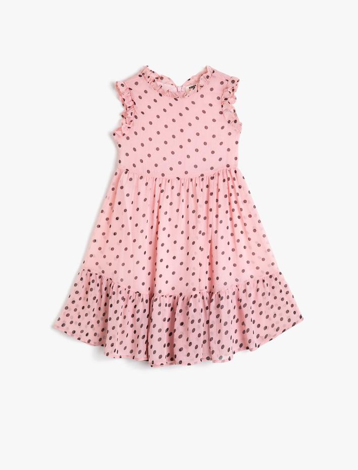 Kız Çocuk Bisiklet Yaka Fırfırlı Puantiyeli Elbise